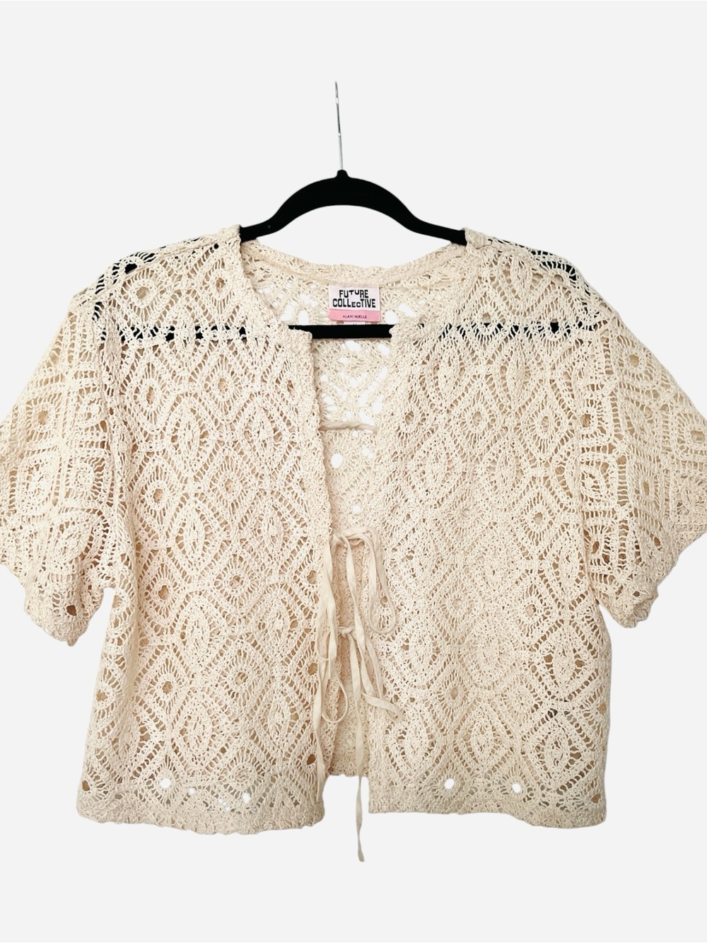 Future Collective Cream Crochet Tie-Front Crop Top M